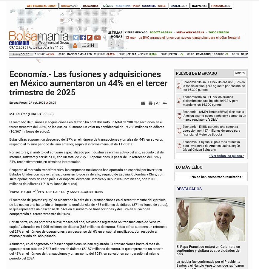 Econom�a.- Las fusiones y adquisiciones en M�xico aumentaron un 44% en el tercer trimestre de 2025